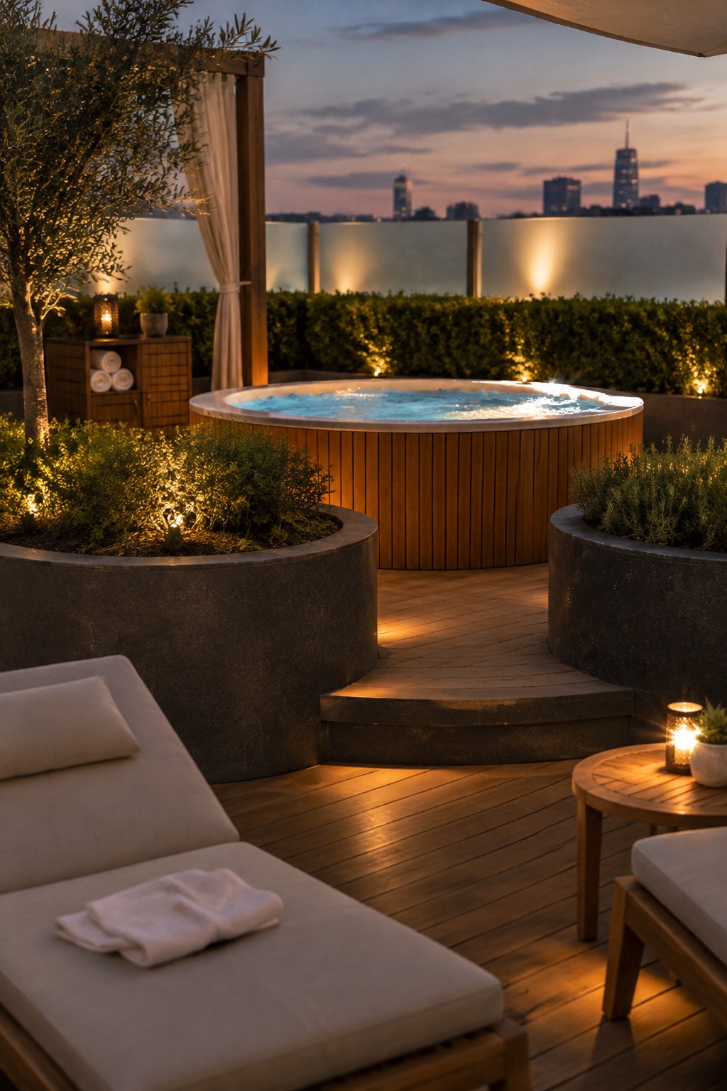 A rooftop terrace at dusk shows a round hot tub bordered by large concrete planters with shrubs, wooden lounge chairs on a deck, and a distant city skyline.