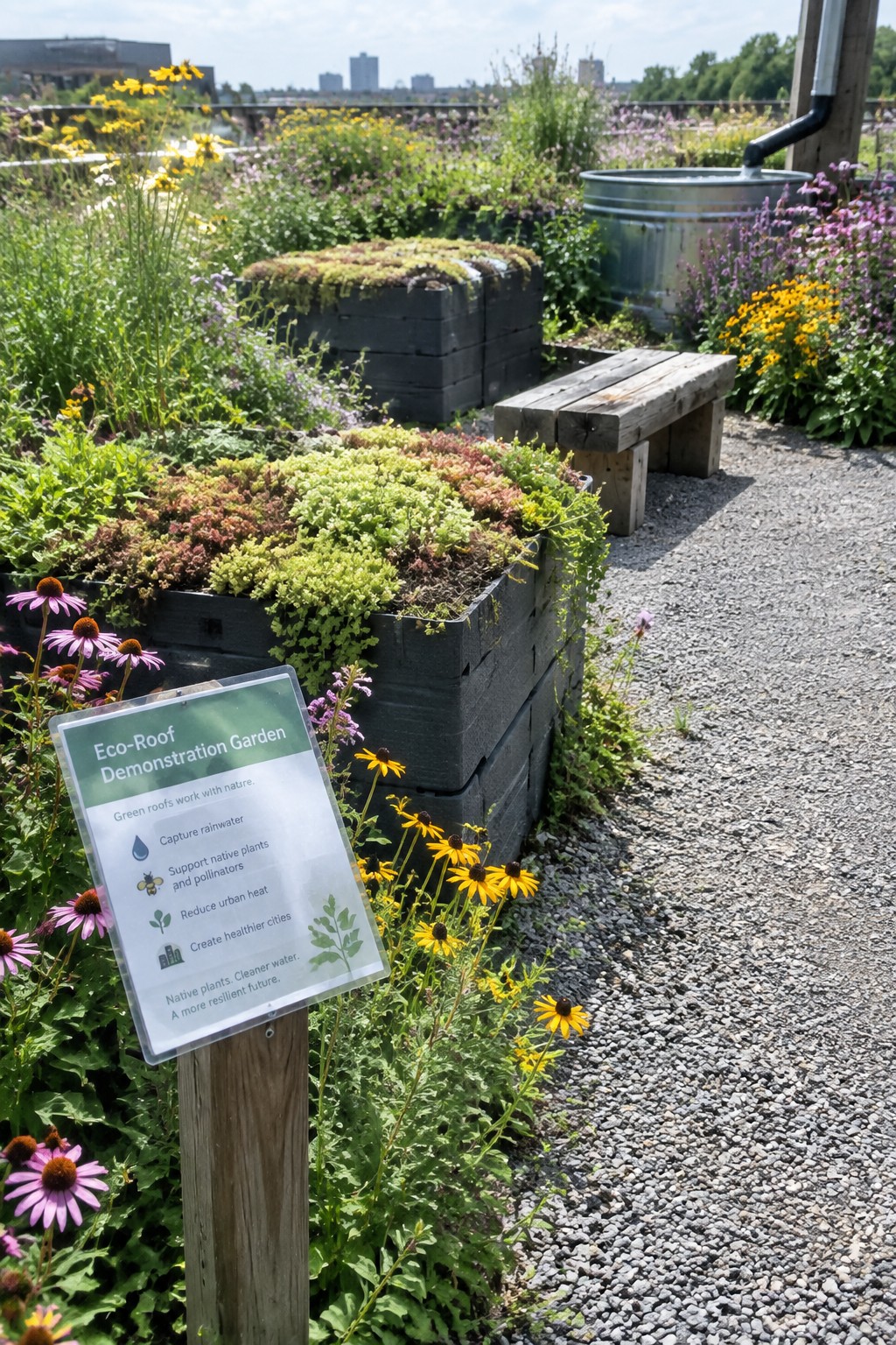 Rooftop eco-garden sign beside gravel path, wooden planters, bench, and colorful flowers.