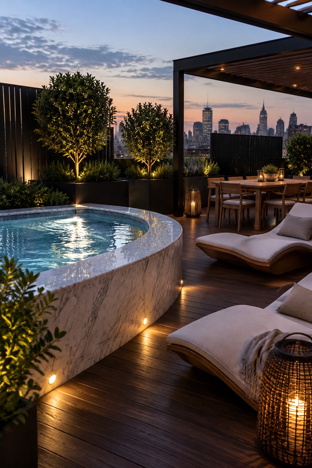 A rooftop terrace at dusk shows a round pool with marble edge, wooden lounge chairs, a dining table, and large raised planters holding trees lit from below against a city skyline.
