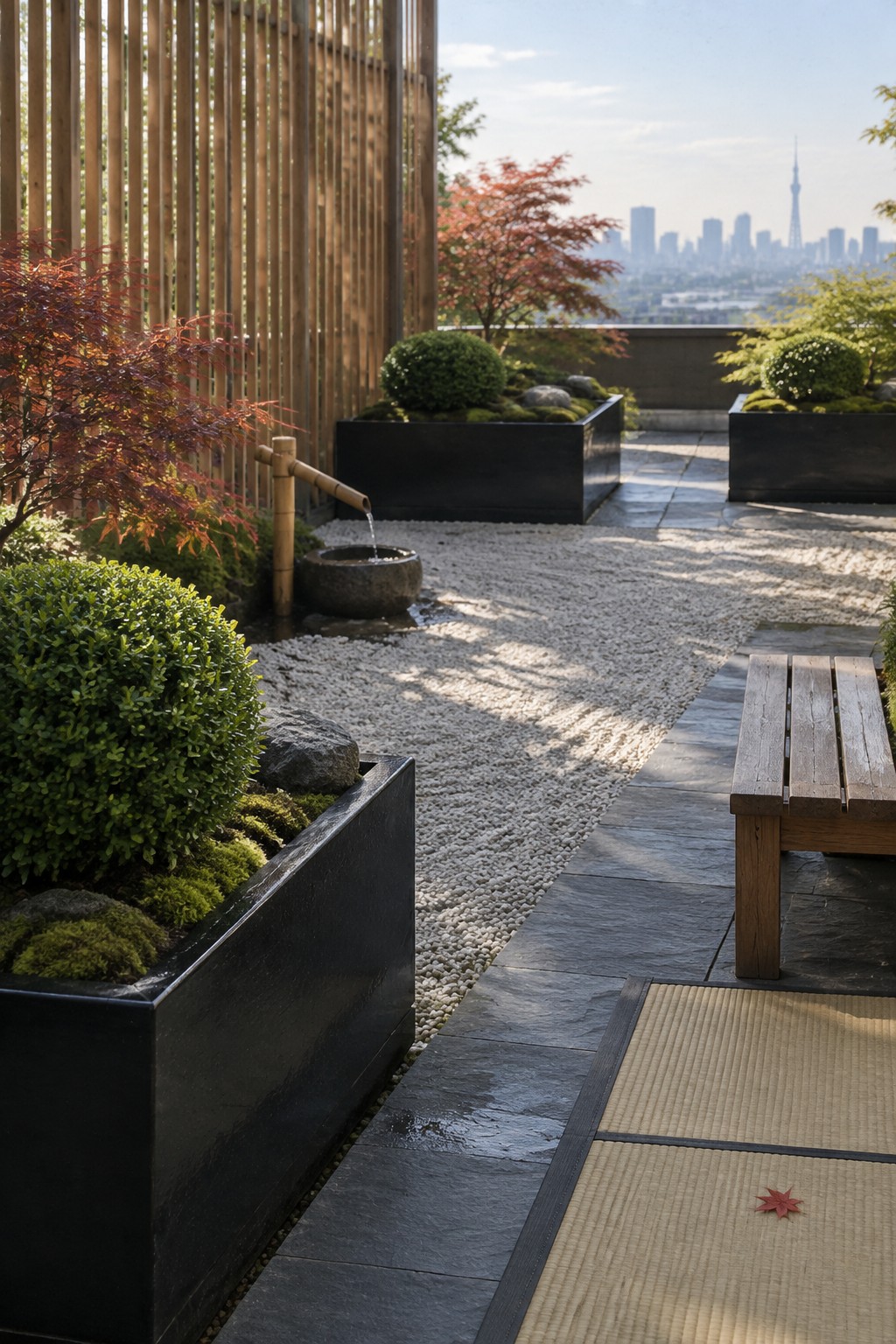 A rooftop garden with black raised planters holding shrubs and trees, gravel and stone paths, a wooden bench, a bamboo water feature, and a distant city skyline.