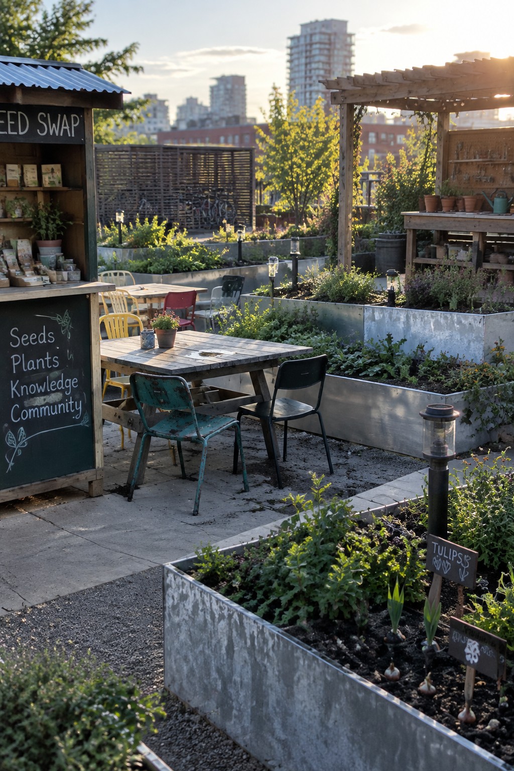 Rooftop garden scene with several raised metal planters holding flowers and vegetables, a wooden seed swap stand, and scattered seating among city buildings.