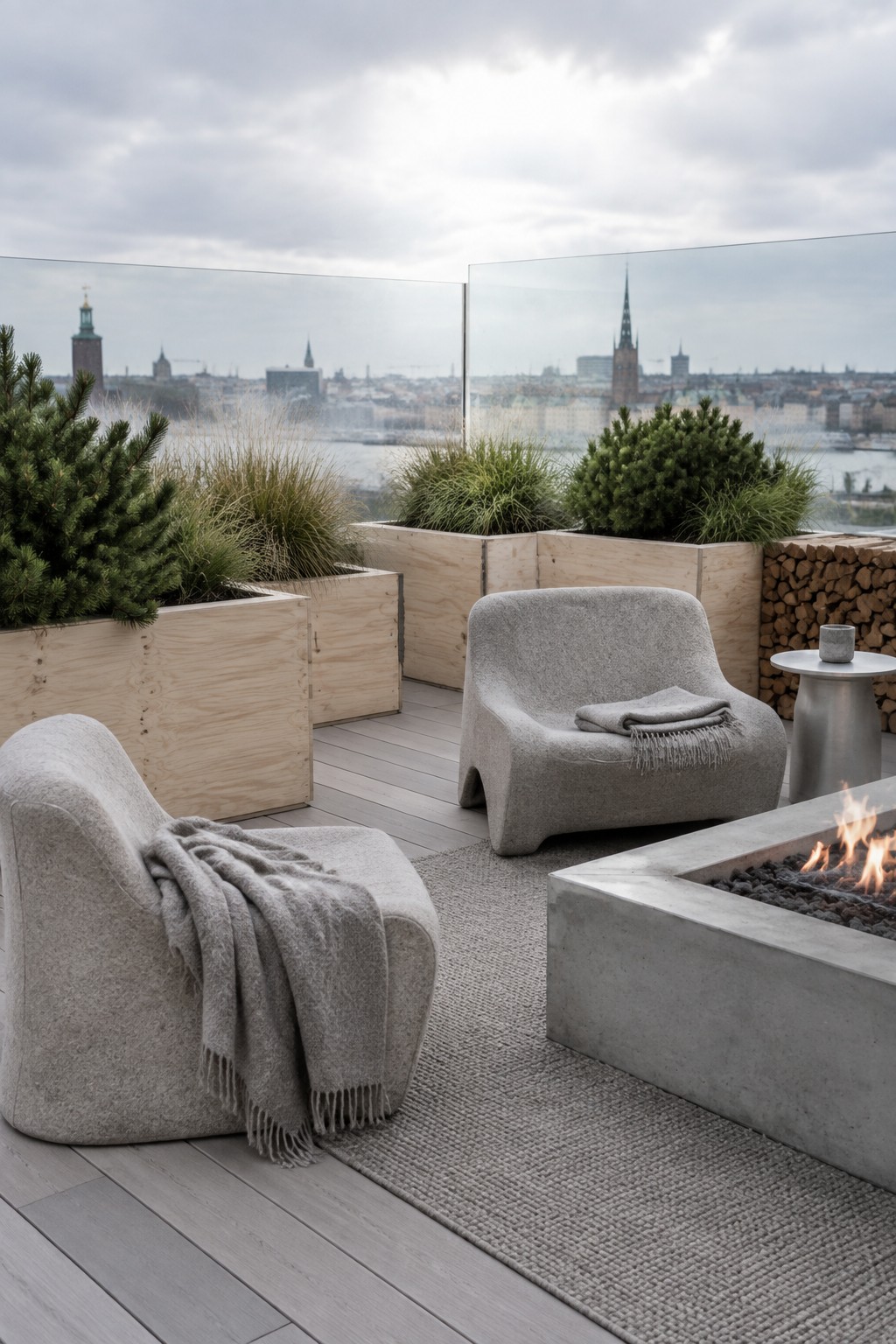 Rooftop terrace with two gray fabric lounge chairs, a woven rug, concrete fire pit, and wooden raised planters holding shrubs and grasses against a city skyline.