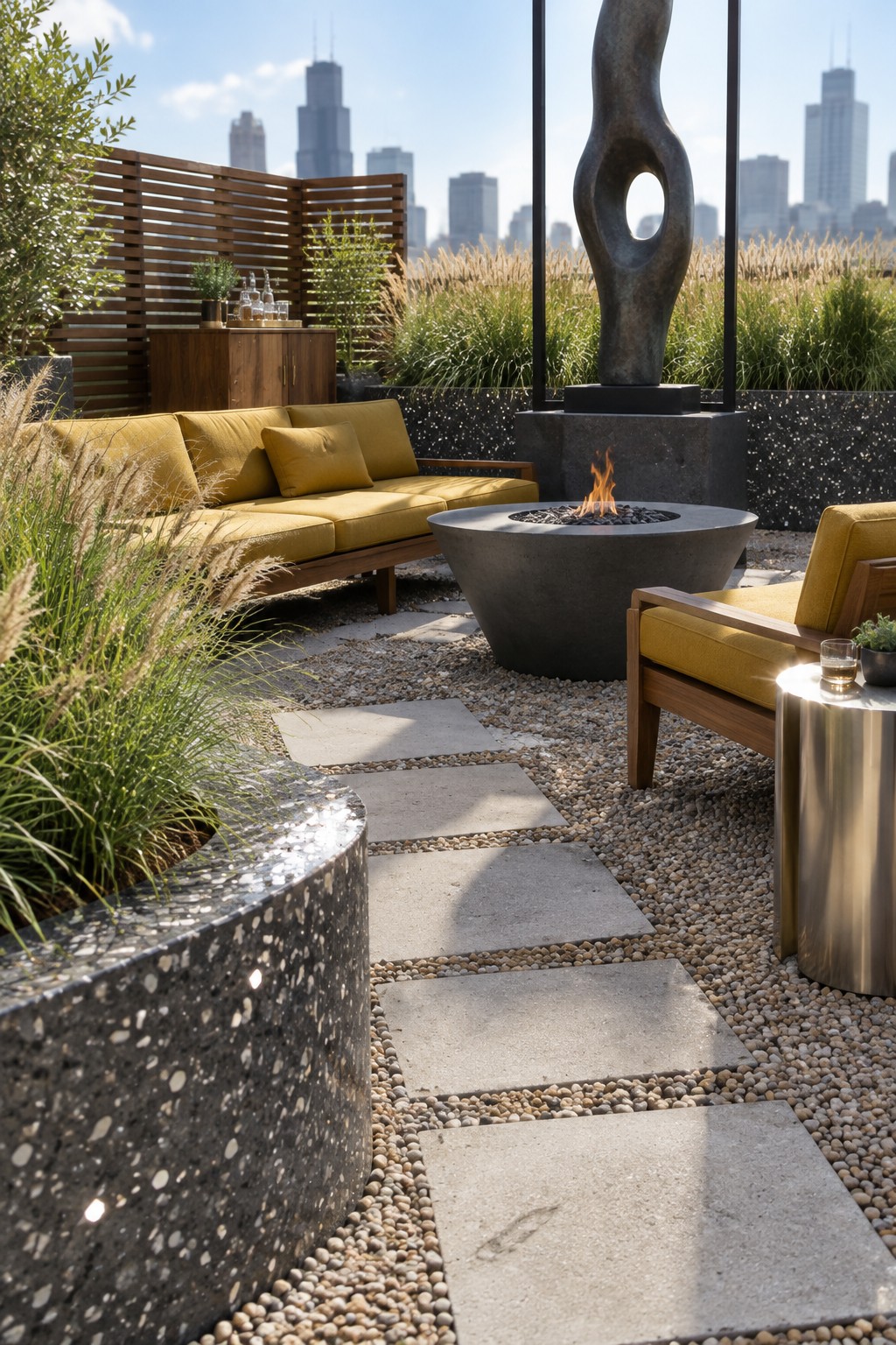 Rooftop patio with yellow sofa, fire pit, sculpture, and city skyline view.