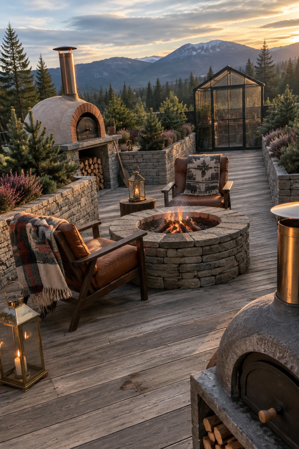 A wooden rooftop deck with a circular stone fire pit, leather armchairs, raised stone planters, a pizza oven, and a greenhouse overlooking mountains and trees.