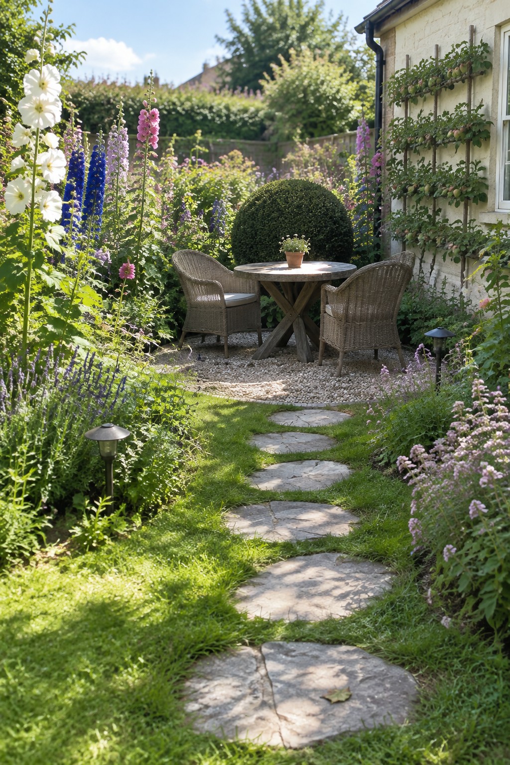 A garden path of flat irregular stepping stones runs through a lawn bordered by tall flowers and leads to a round wooden table with two wicker chairs on gravel.