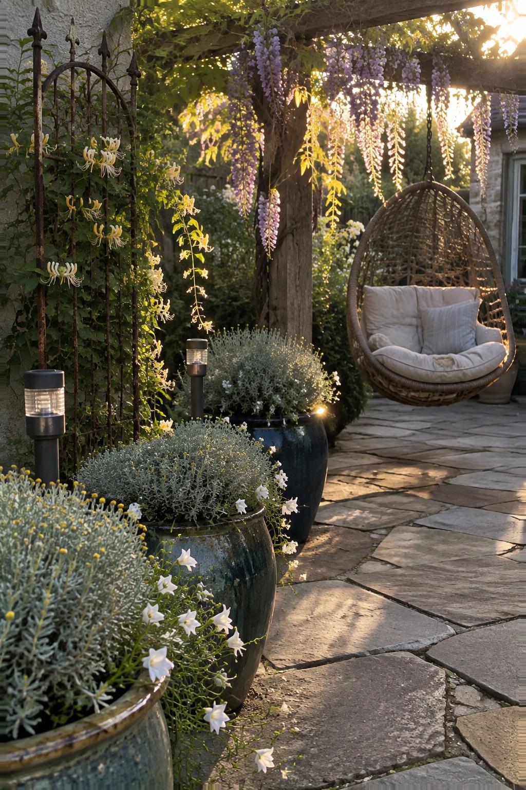 A stone pathway bordered by large ceramic pots with silvery shrubs and white flowers, climbing vines on a trellis, and a hanging chair under a pergola.