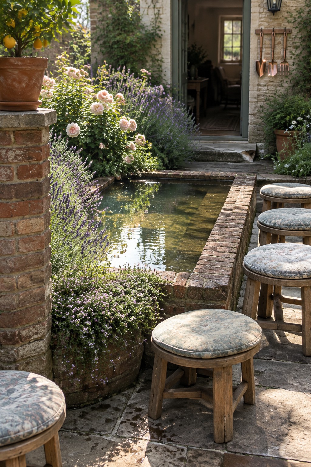 A rectangular pond with brick edging sits in a stone patio, surrounded by lavender, roses, and other flowering plants with wooden stools nearby.