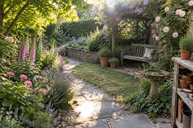 23 Charming Cottage-Style Backyard Landscaping Ideas With Informal Planting A winding stone path leads through a dense cottage garden with flowering plants, a wooden bench under a rose-covered pergola, and a birdbath in the background.