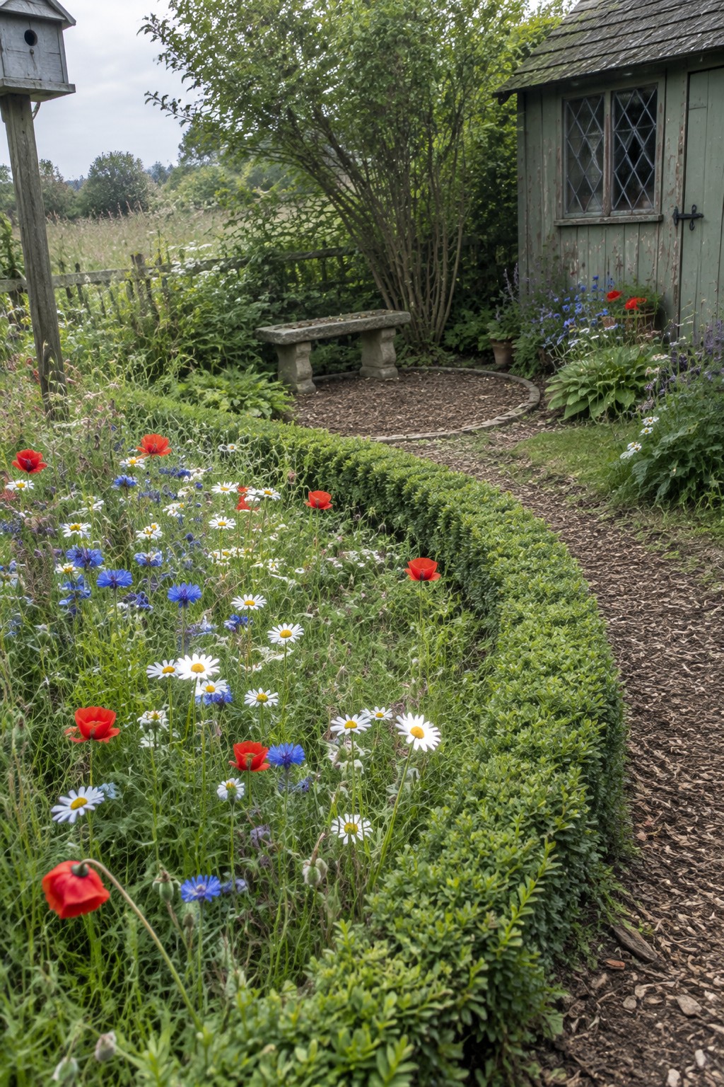 A curved hedge borders a flower bed filled with red poppies, white daisies, and blue cornflowers along a garden path next to a green shed.