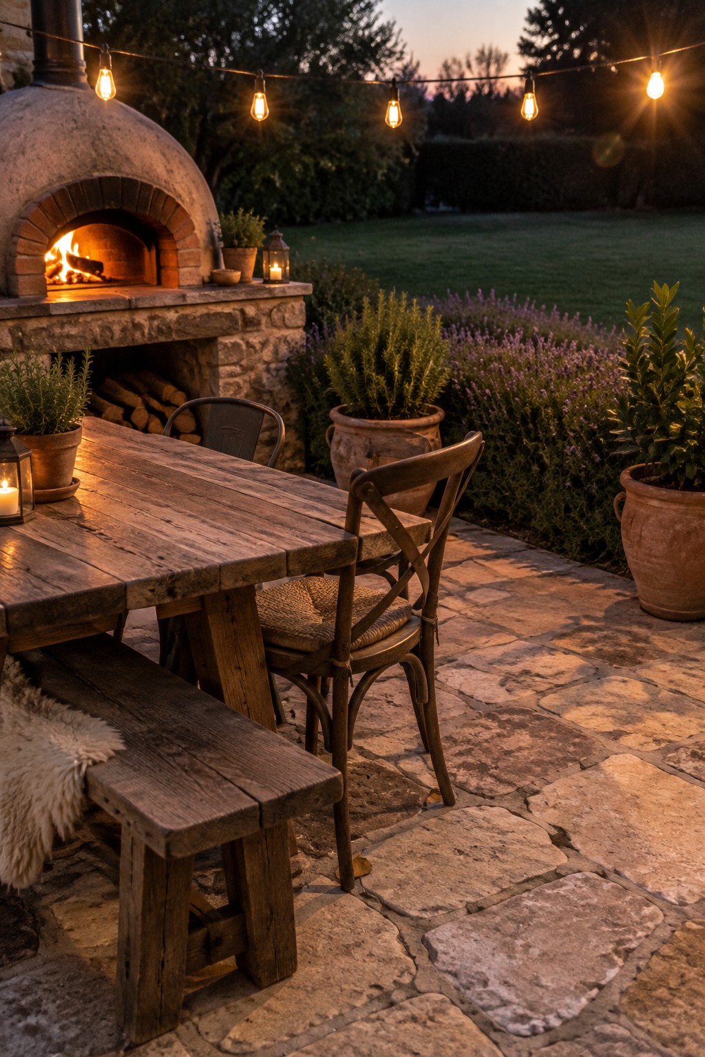A rustic wooden dining table with chairs and a bench sits on a flagstone patio beside a stone pizza oven, surrounded by large terracotta pots of herbs and lavender under string lights.