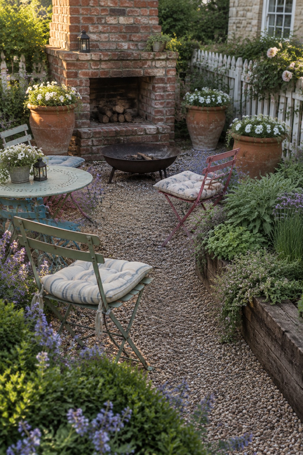 Garden patio with brick fireplace, colorful folding chairs, and potted flowers on gravel.