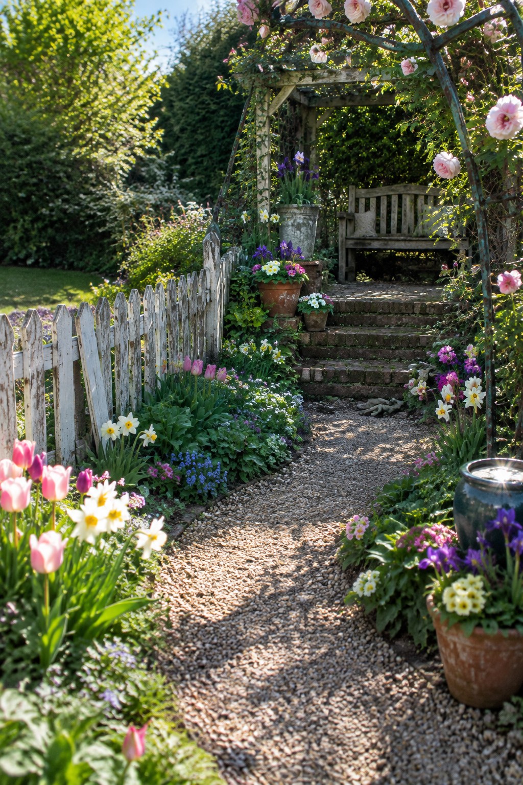 A gravel path runs through a flower-filled cottage garden with a wooden arch covered in pink roses, a bench at the top of brick steps, and colorful blooms along both sides.