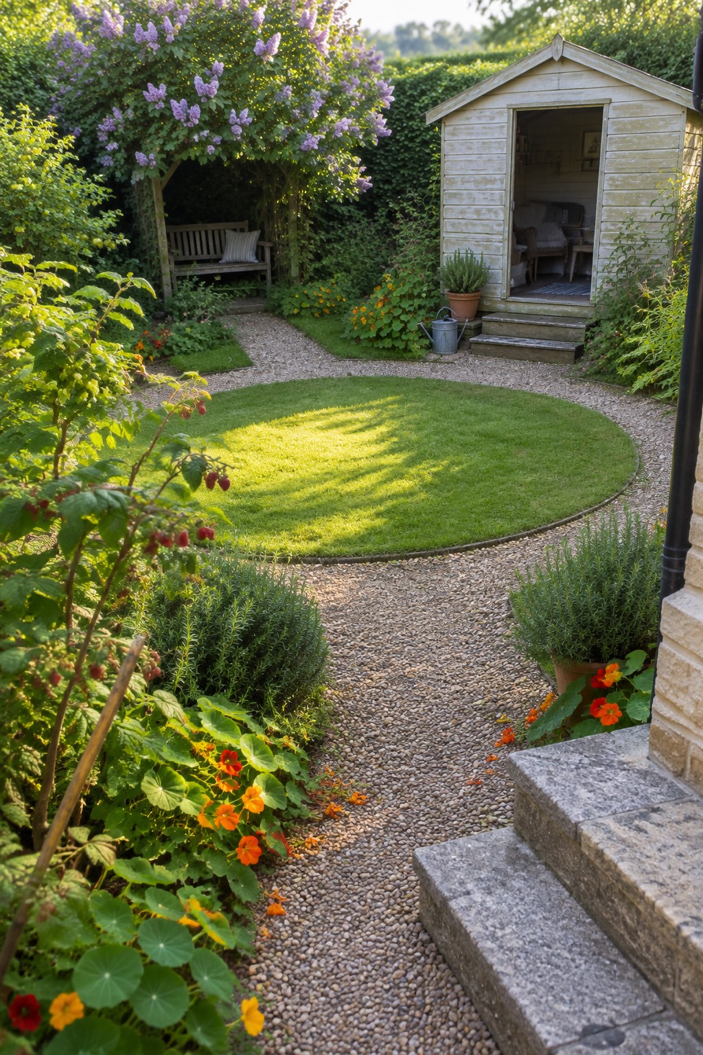 A backyard garden with a circular lawn surrounded by gravel paths, dense informal flower beds, a wooden shed, and a bench under a flowering tree.