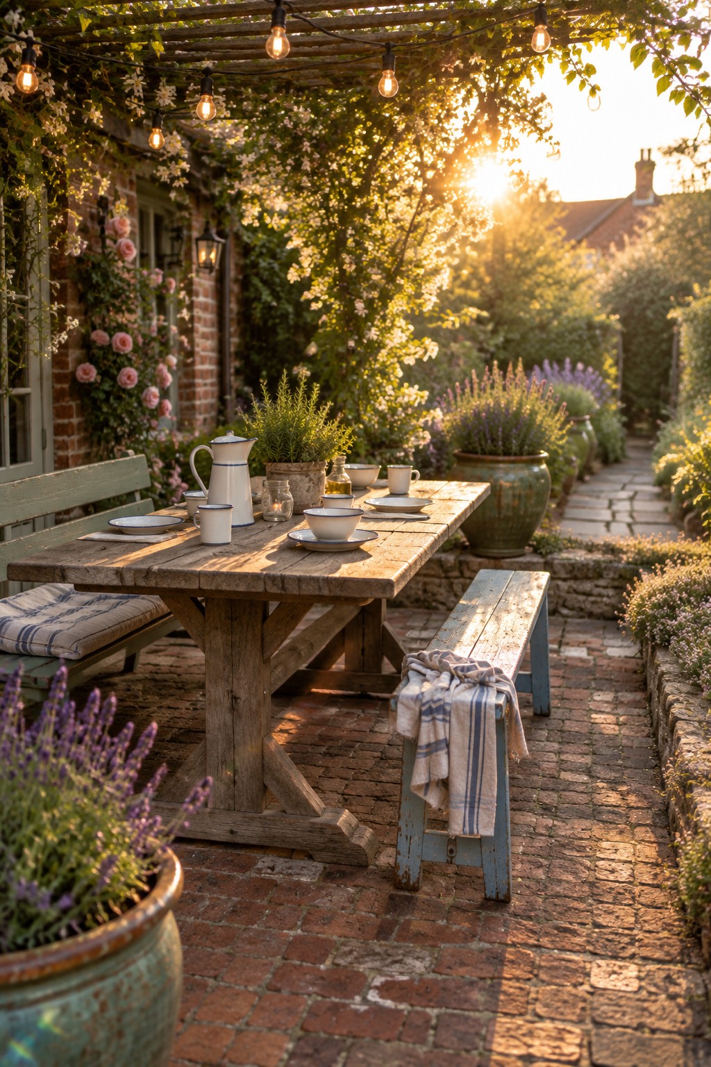 Rustic wooden table set with white crockery on brick patio amid blooming garden at sunset