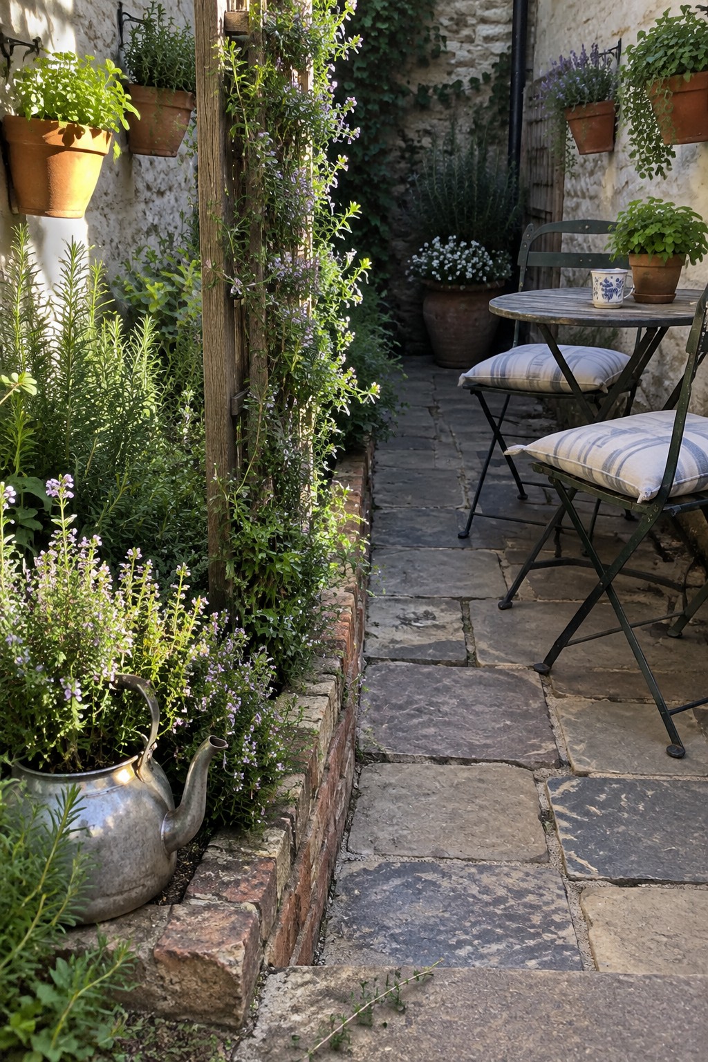 A narrow brick-edged garden bed runs beside a stone path, filled with herbs, small purple flowers, and climbing plants on a wooden post, with potted plants and a small table nearby.