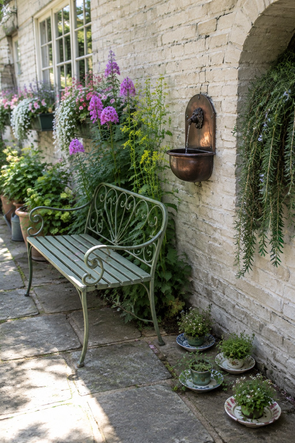 A green metal garden bench on a stone path next to a brick wall with a copper fountain, surrounded by potted plants and flower beds.