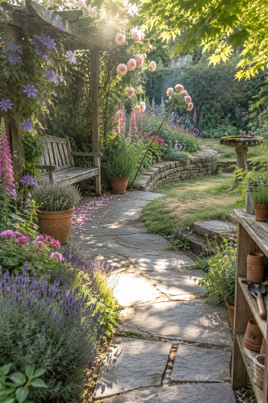 A winding stone path leads through a dense cottage garden with flowering plants, a wooden bench under a rose-covered pergola, and a birdbath in the background.