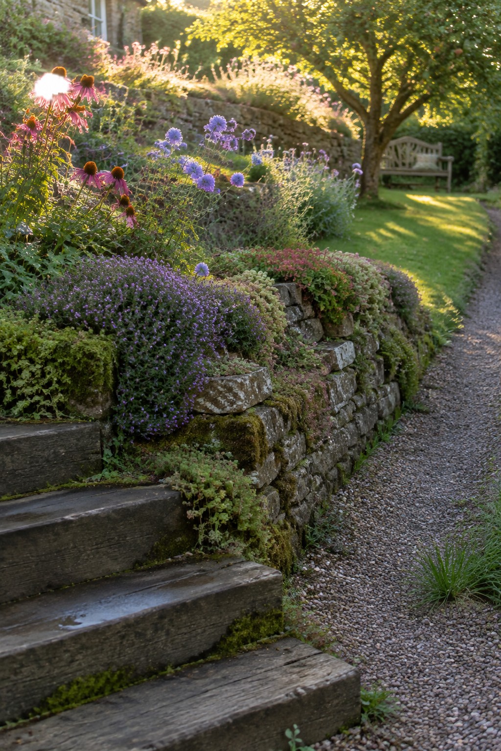 Mossy stone wall with purple flowers beside wooden steps and gravel path