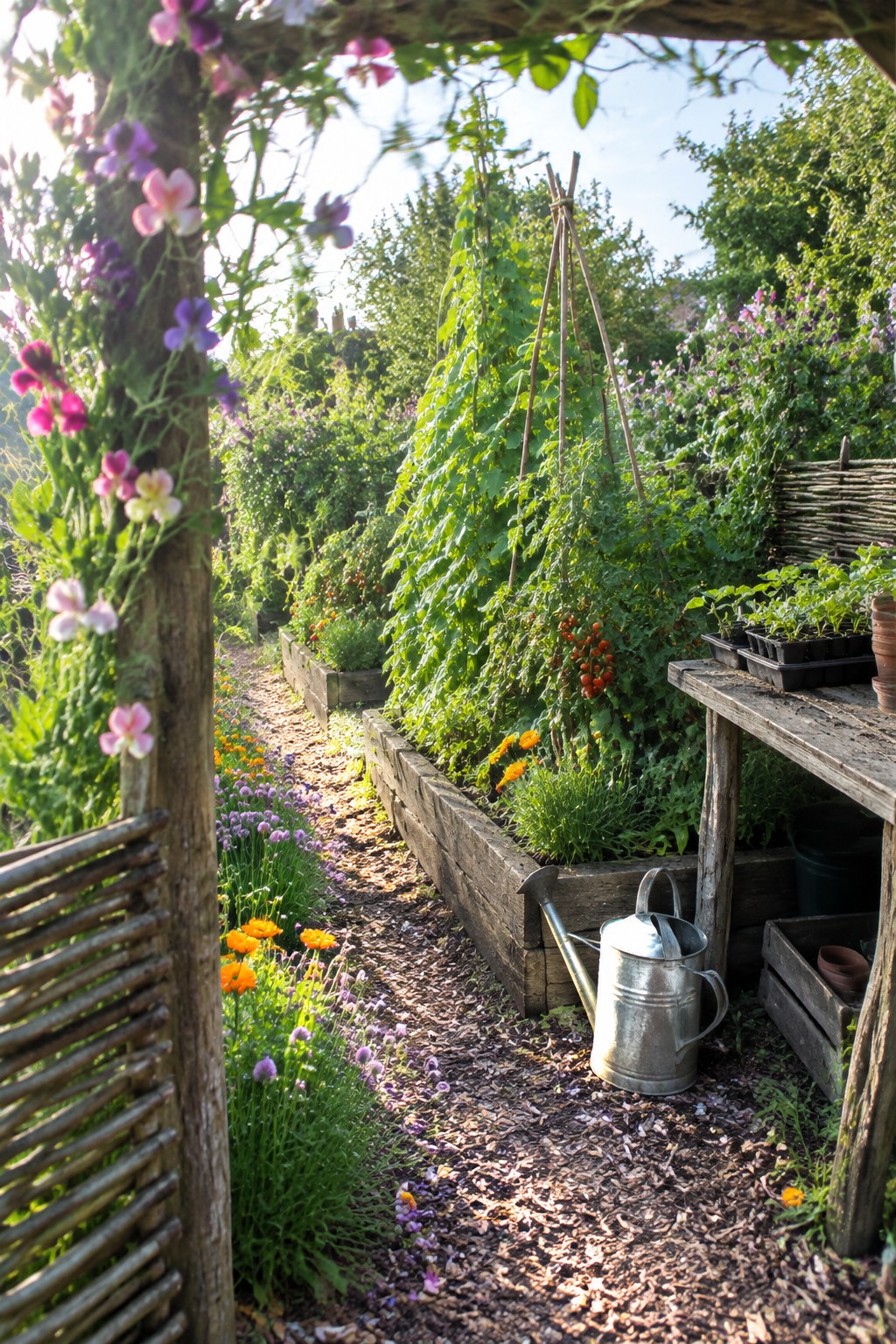 A narrow garden path bordered by wooden raised beds filled with flowers and climbing plants, with a metal watering can resting against one bed.