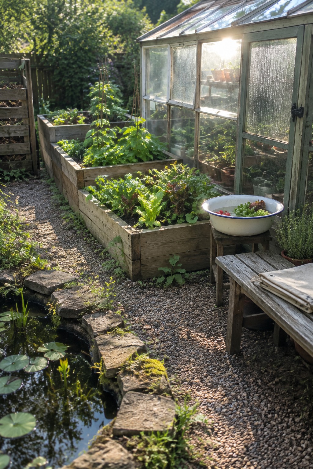 A backyard scene with multiple wooden raised garden beds containing mixed leafy plants, a greenhouse on the right, a small pond with stepping stones on the left, and gravel ground cover.
