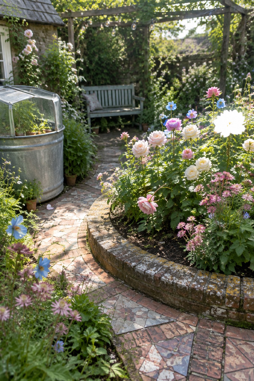 Sunlit garden with blooming roses in a circular brick bed beside a stone path.