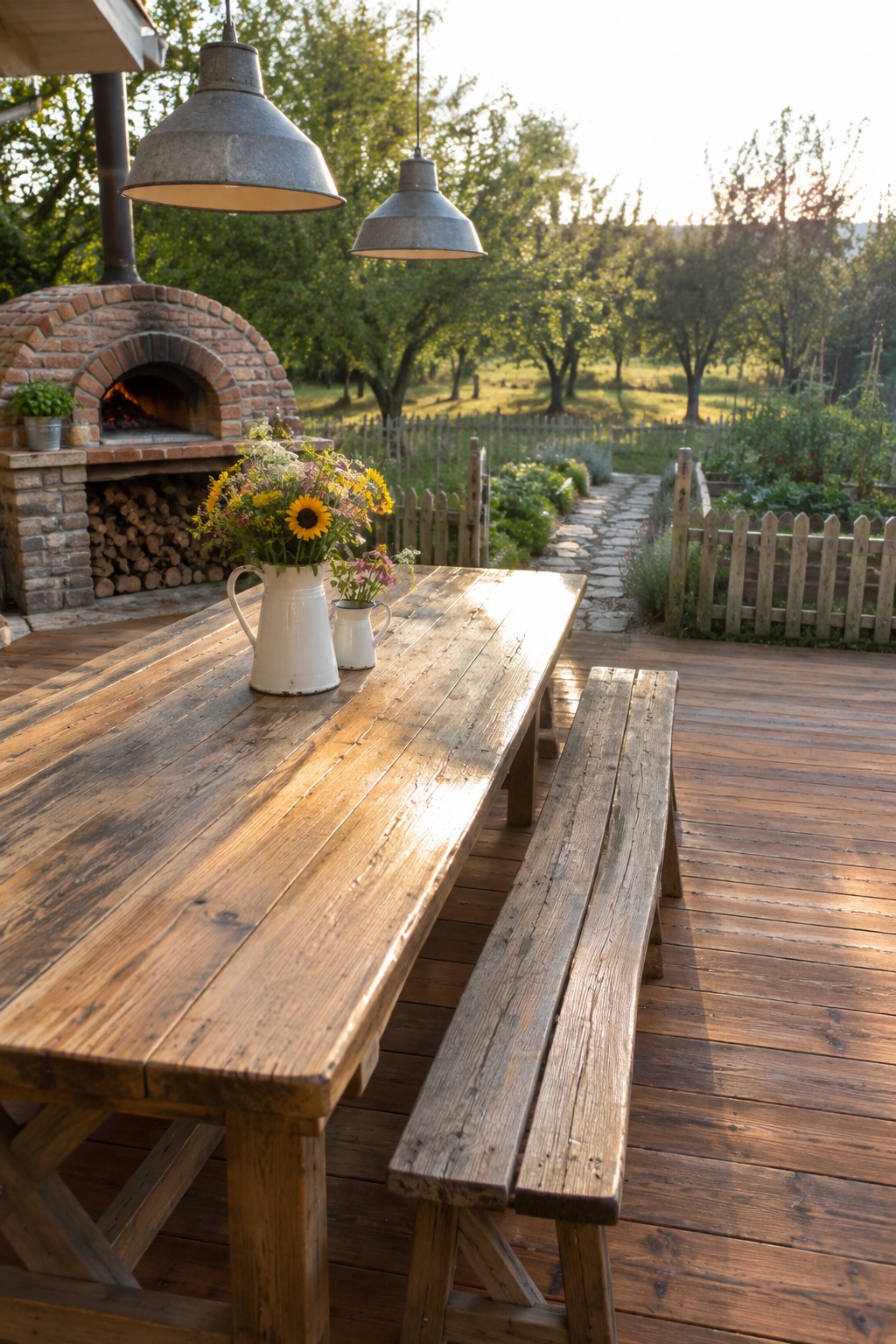 A long wooden picnic table with benches on a deck next to a brick outdoor oven, with two white pitchers of flowers and hanging metal lights above.