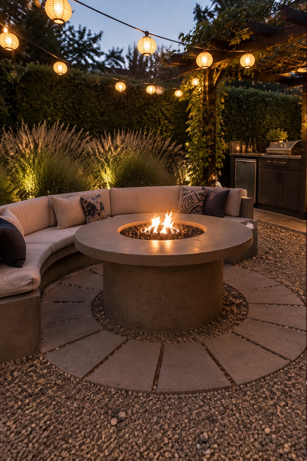 A round concrete fire pit with active flames is centered on a patio, surrounded by a curved sectional sofa, stone pavers set in gravel, string lights overhead, and an outdoor kitchen visible in the background.