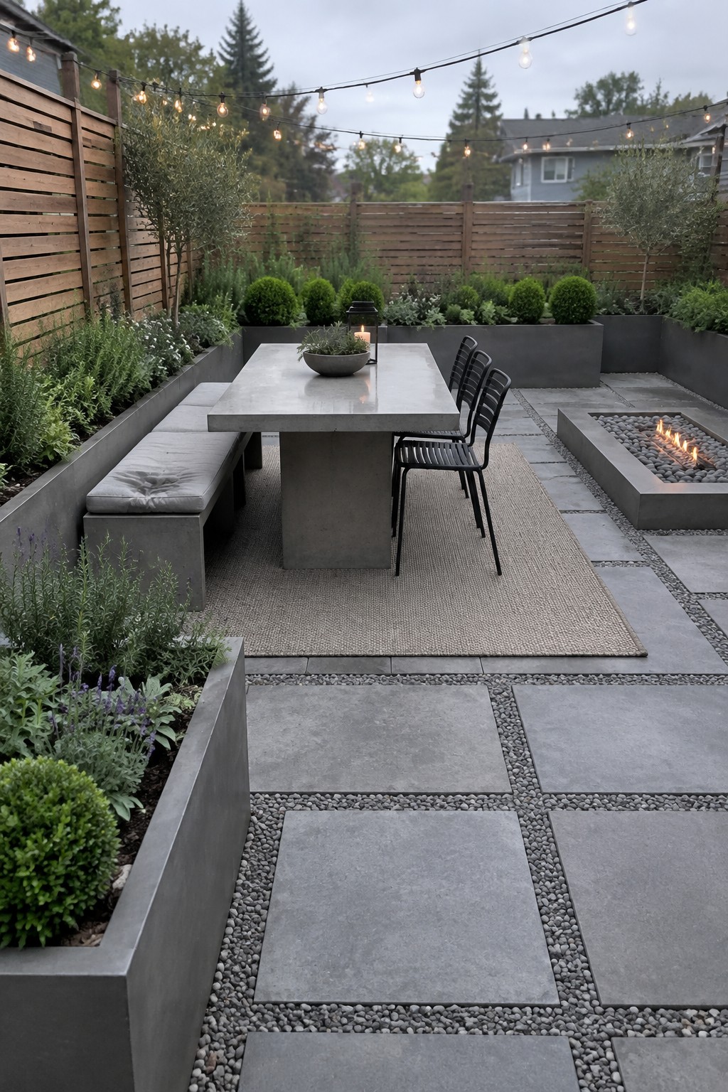 A concrete outdoor dining table with a built-in bench on one side, black metal chairs on the other, and a rectangular fire pit on a stone patio surrounded by raised planters.