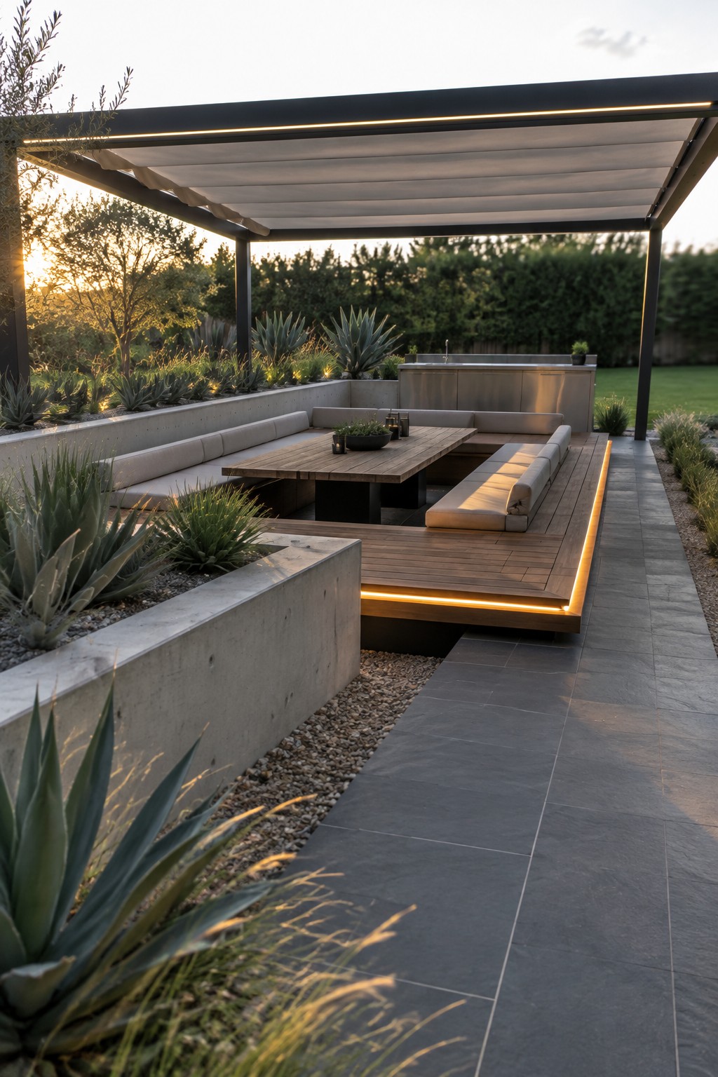 A modern backyard patio featuring a large wooden dining table with built-in cushioned seating under a pergola, bordered by concrete planters with agave plants and gravel.