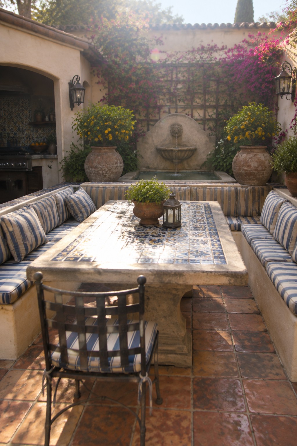 A large stone dining table with a blue and yellow tiled top is surrounded by built-in striped cushioned benches on a terracotta patio, with potted citrus trees and a wall fountain in the background.