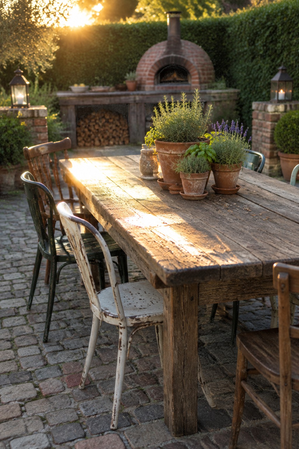 A long wooden outdoor dining table with several terracotta herb pots sits on a cobblestone patio, surrounded by mixed vintage chairs, with a brick oven and lanterns visible in the background.