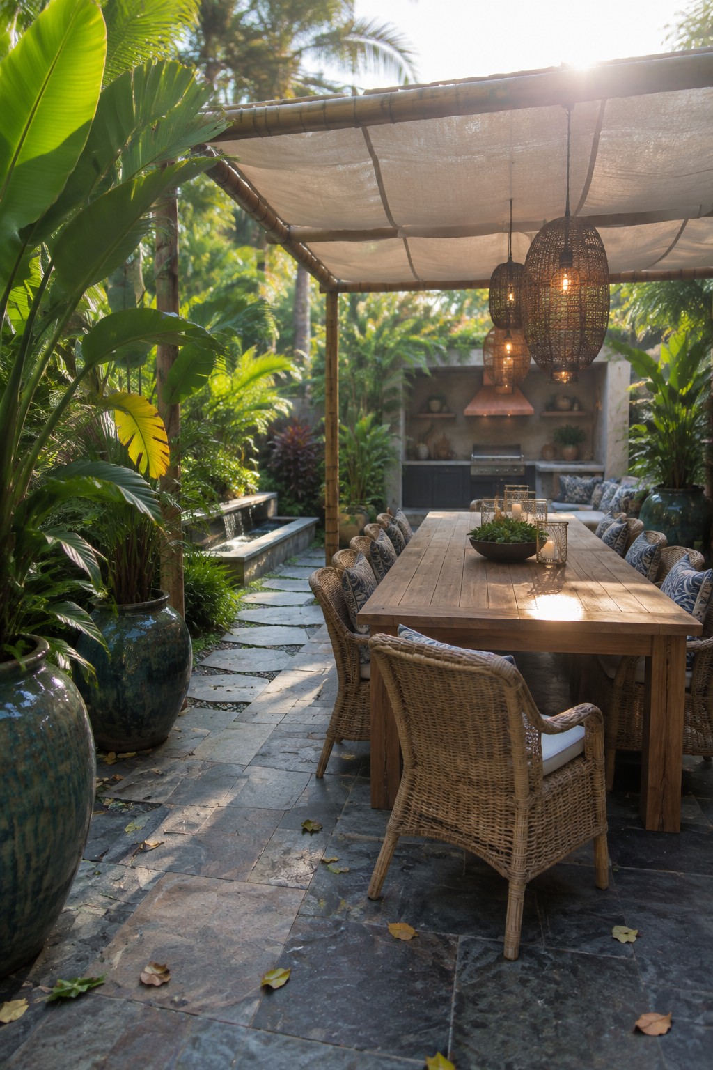 A long wooden dining table with woven chairs sits under a bamboo pergola with hanging lights on a stone patio surrounded by large potted plants and tropical greenery.