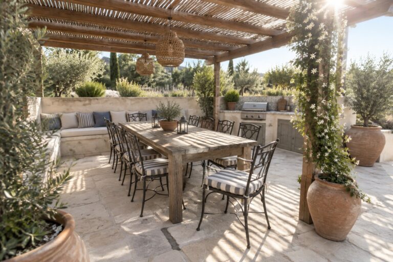 Rustic wooden dining table under pergola with wicker lights on sunny stone patio