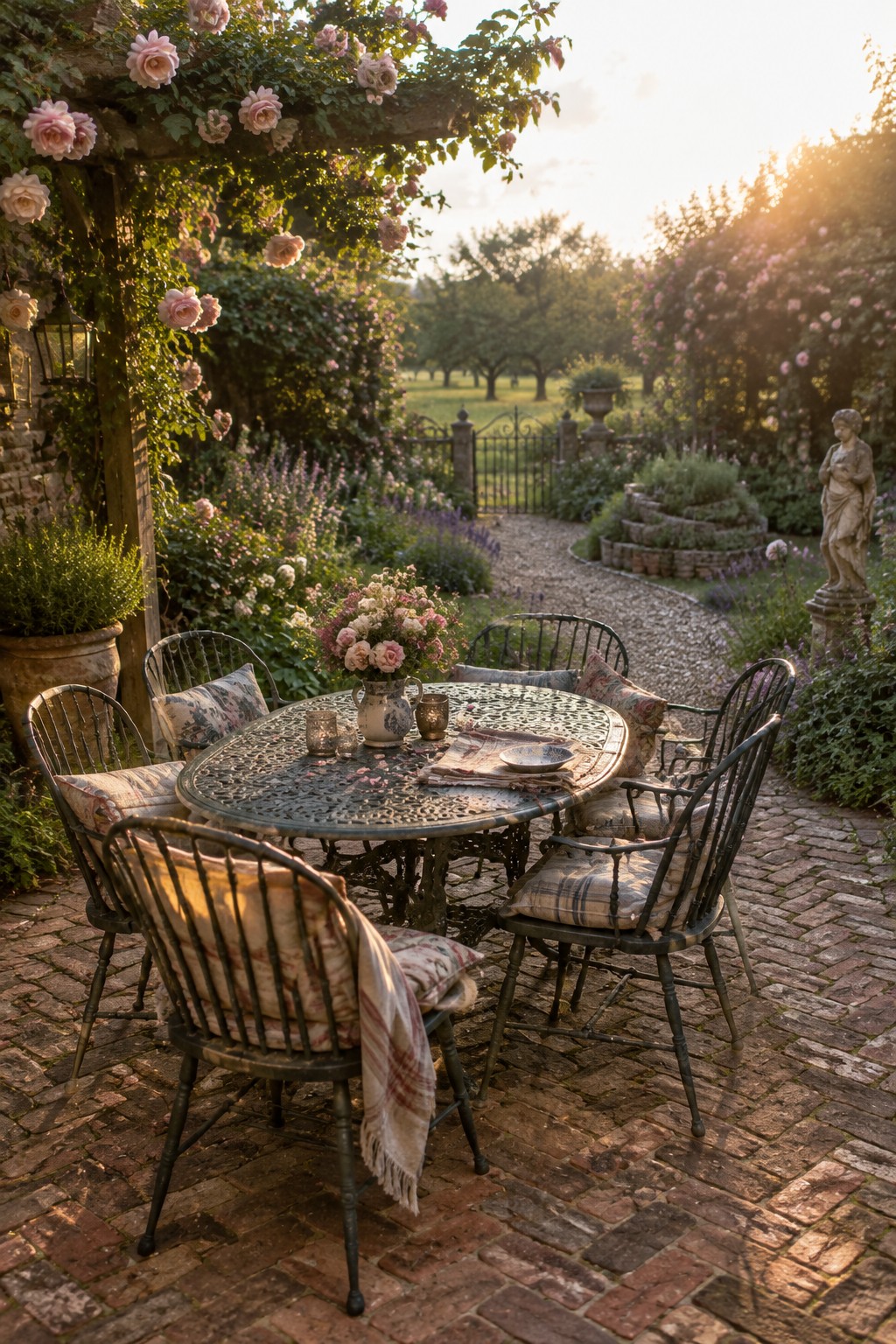 Outdoor table and chairs on brick patio amid blooming pink roses.
