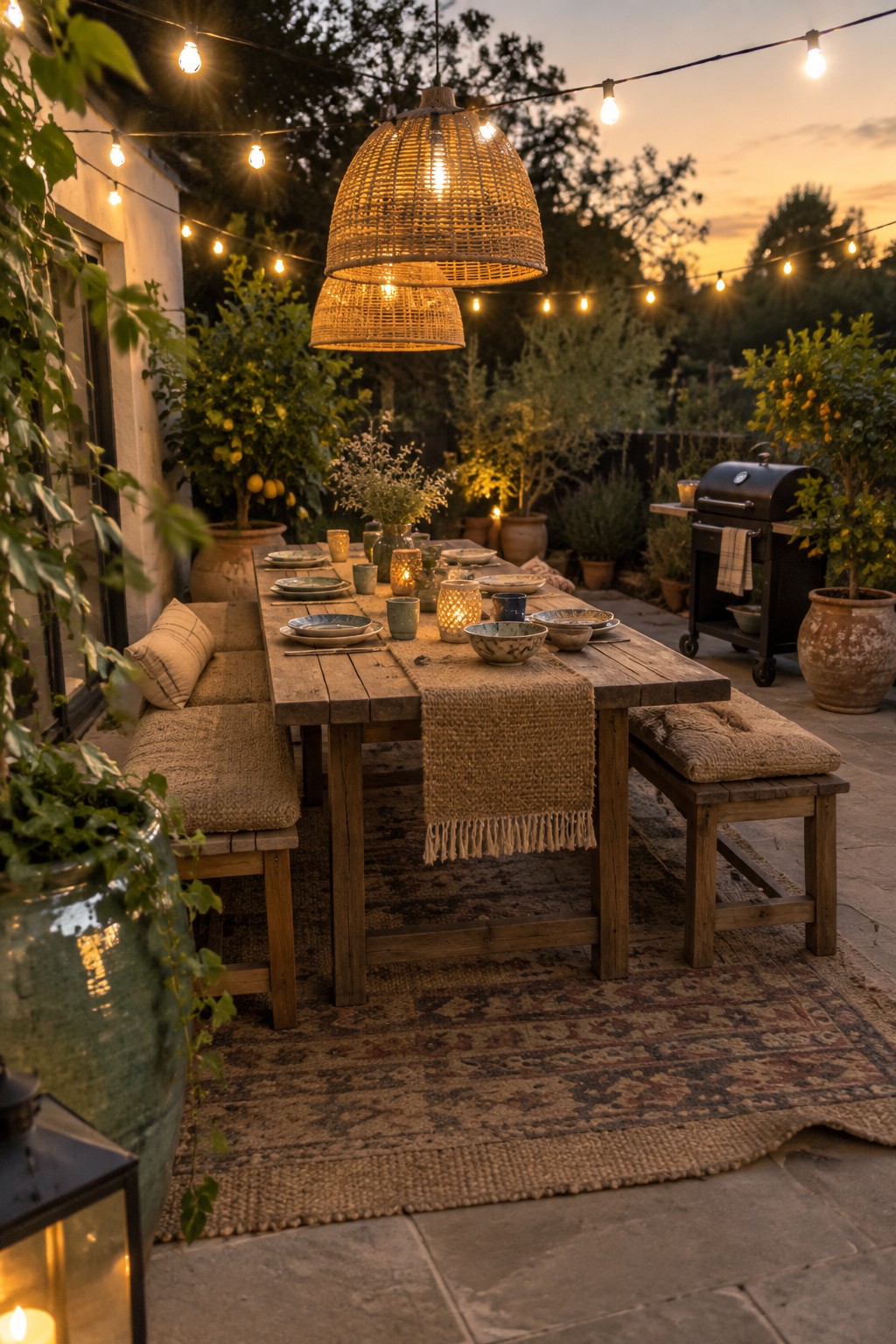 A long wooden dining table with benches on a patterned rug in a backyard patio at dusk, surrounded by potted plants, string lights, and a grill.