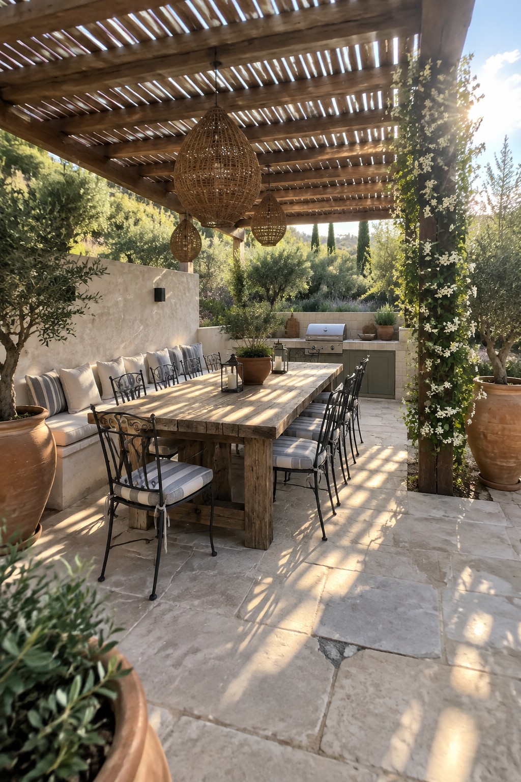 Rustic wooden dining table under pergola with wicker lights on sunny stone patio