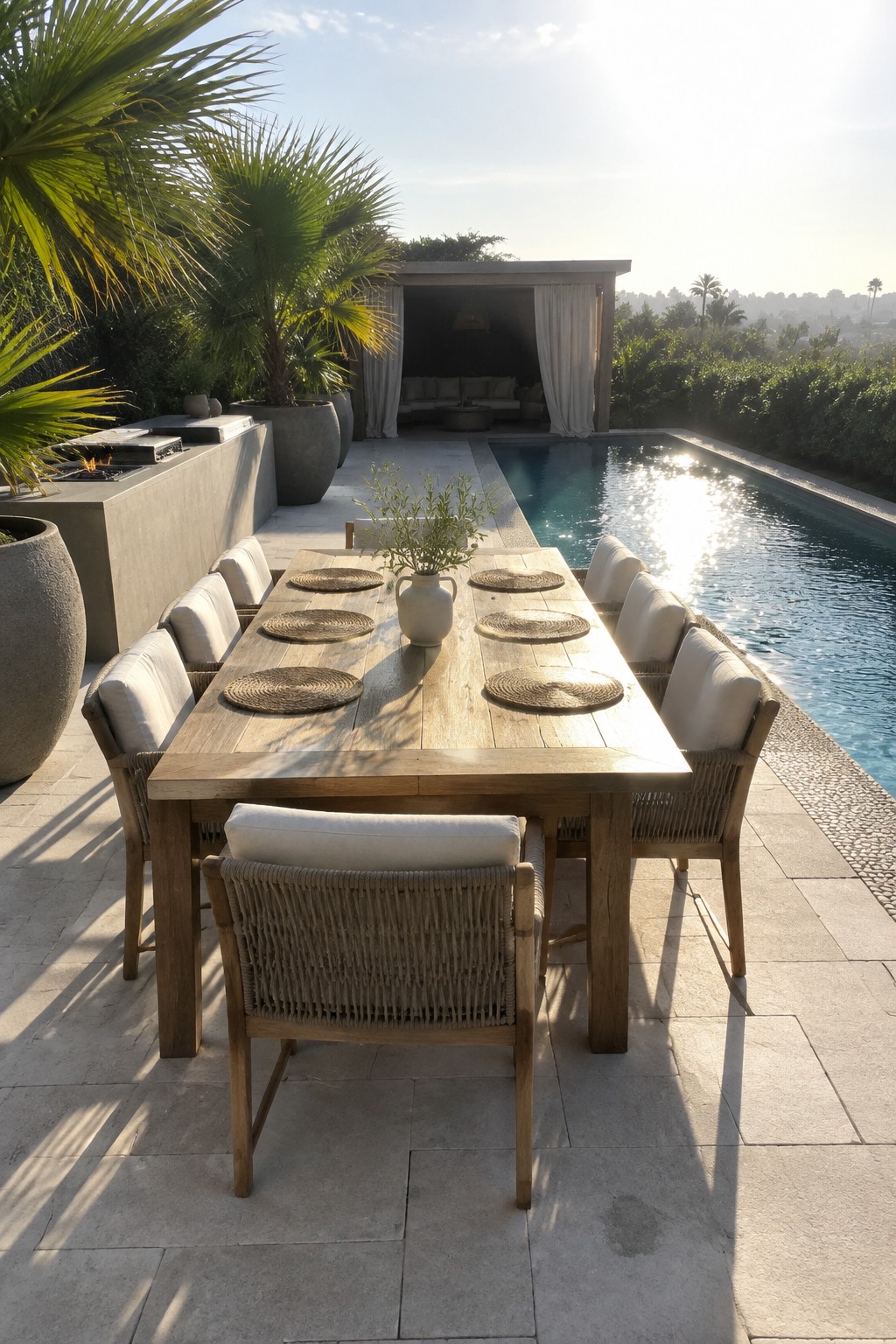 A long wooden dining table with woven chairs is positioned on a stone patio directly beside a swimming pool, with an outdoor kitchen and lounge area in the background.