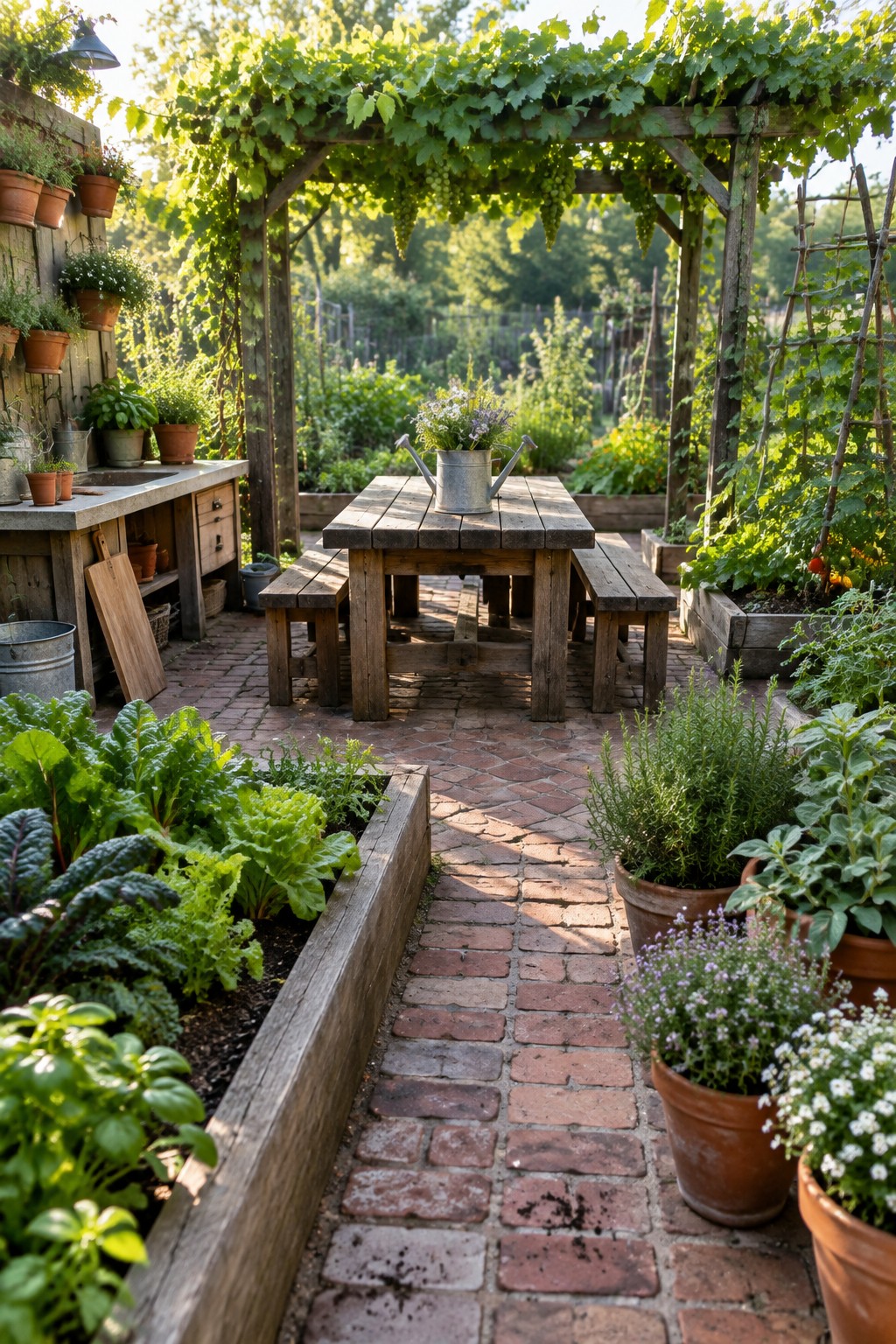 Wooden table under vine-covered pergola amid potted plants and brick garden path