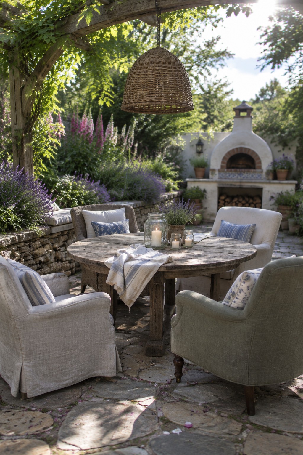 A round wooden dining table with mixed upholstered chairs sits on a stone patio beneath a wooden pergola with a large hanging wicker light, next to a stone outdoor fireplace and flowering lavender.