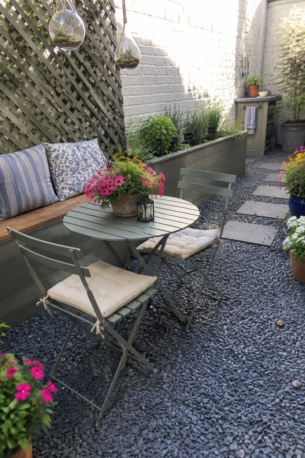 A round green metal table with two folding chairs sits on dark gravel in a backyard patio, next to a wooden bench with blue and white pillows and surrounded by potted flowers and hanging terrariums against a white brick wall.