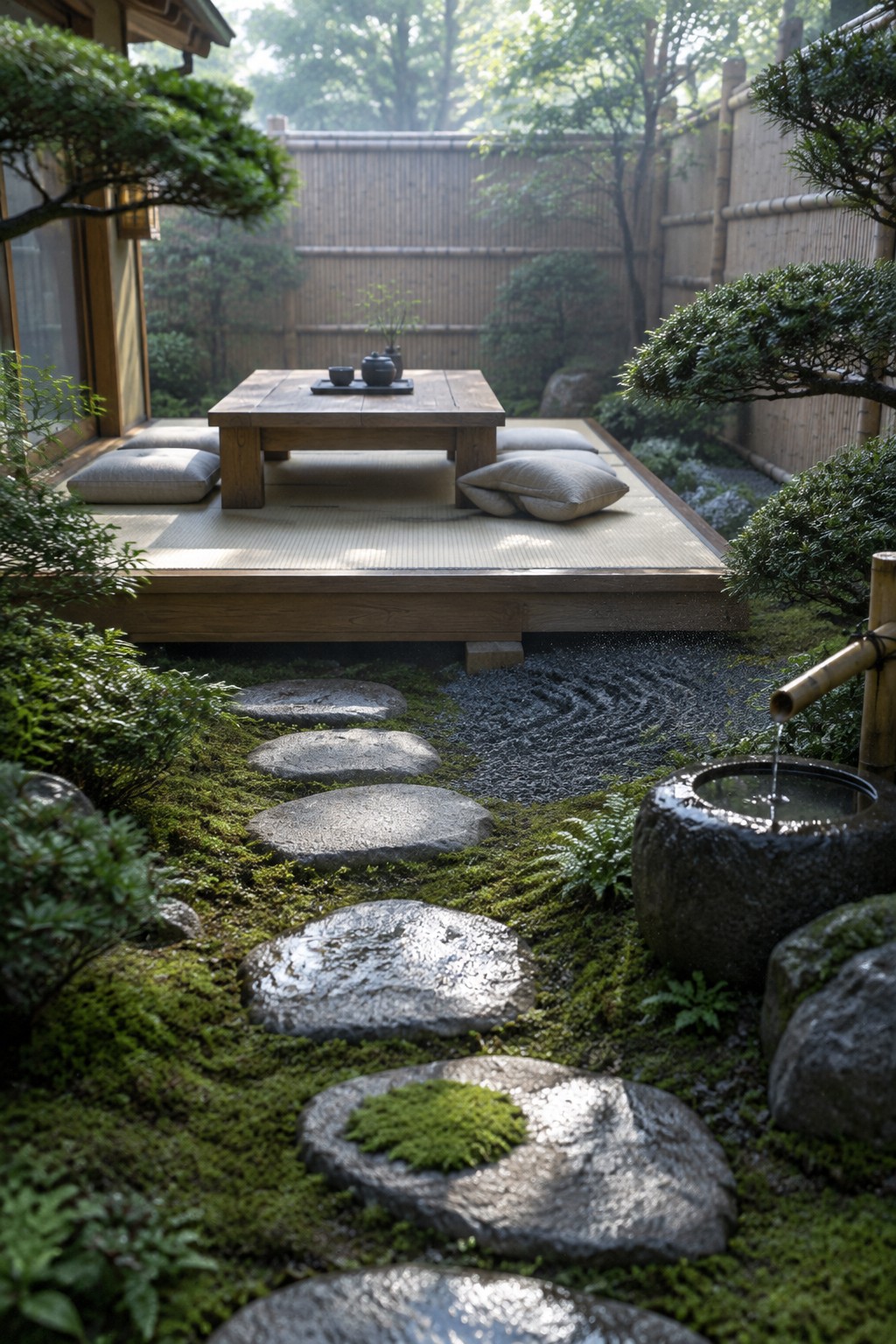A wooden platform with low table and cushions sits in a garden with moss, large stepping stones, gravel, and a bamboo water feature.