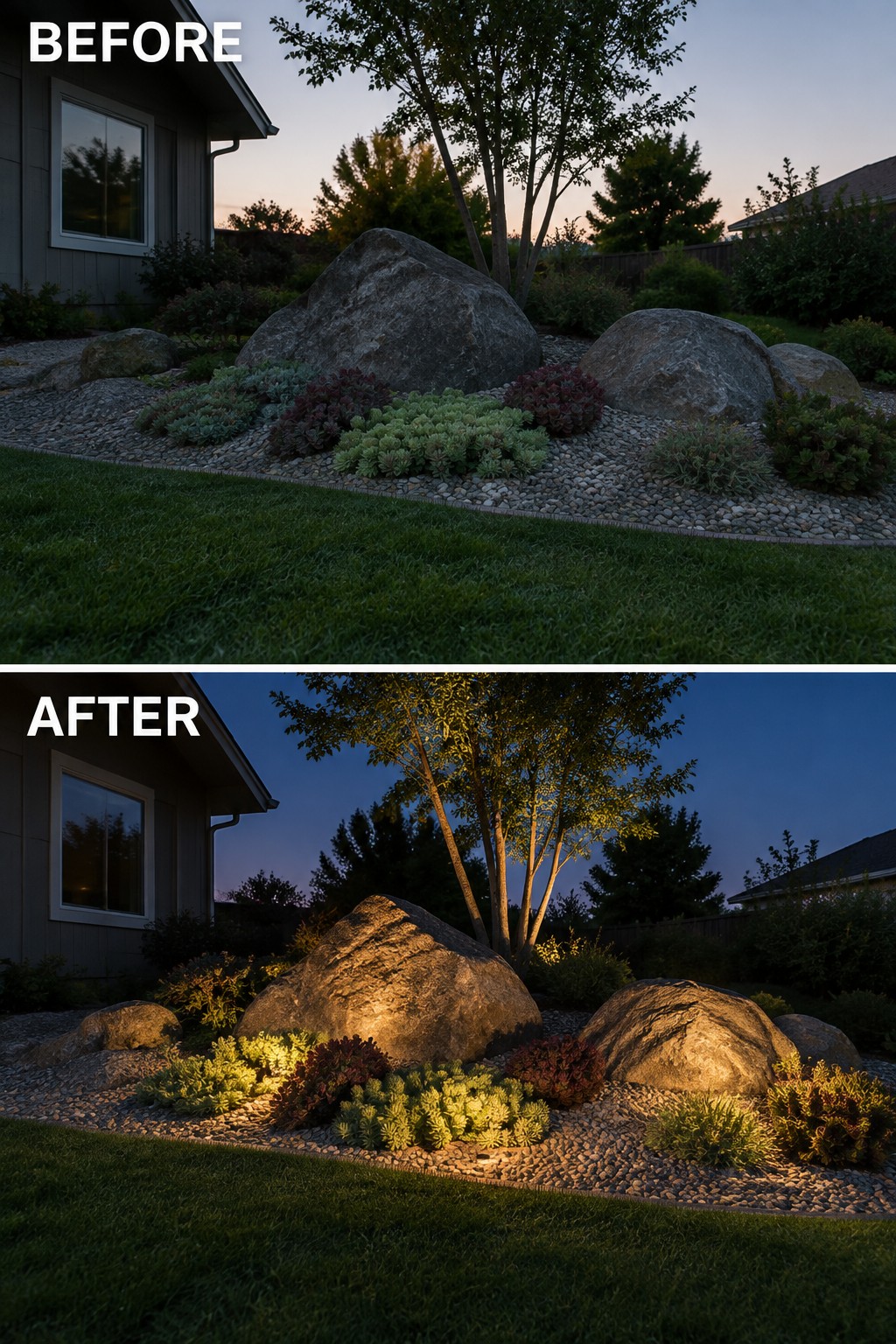Before and after of rock garden with added landscape lighting at night.