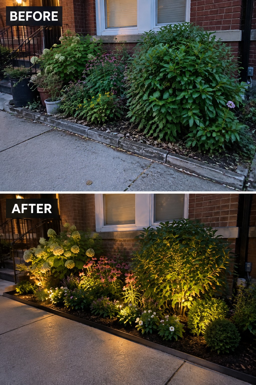 Before and after of a garden bed with added landscape lighting at dusk.