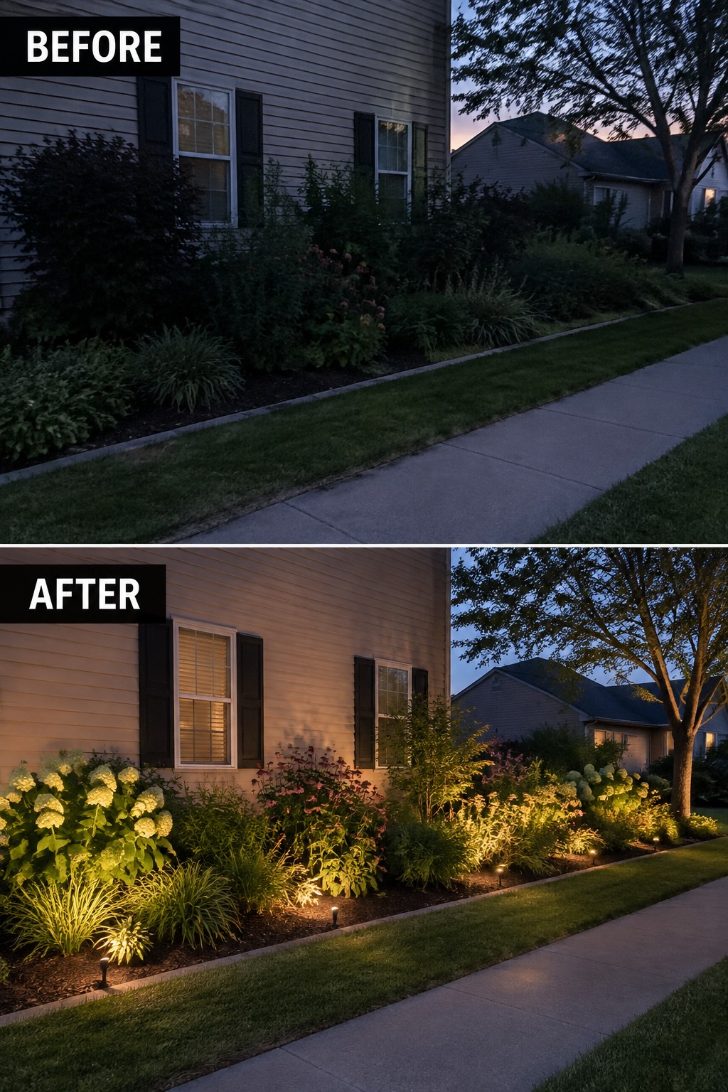Before and after of house garden with added landscape lighting along sidewalk at dusk