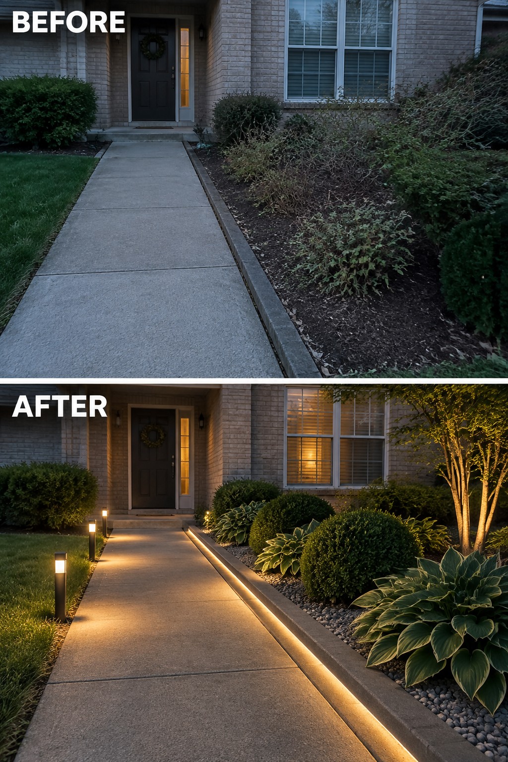 Before and after of a front walkway with added pathway lights and LED edging.