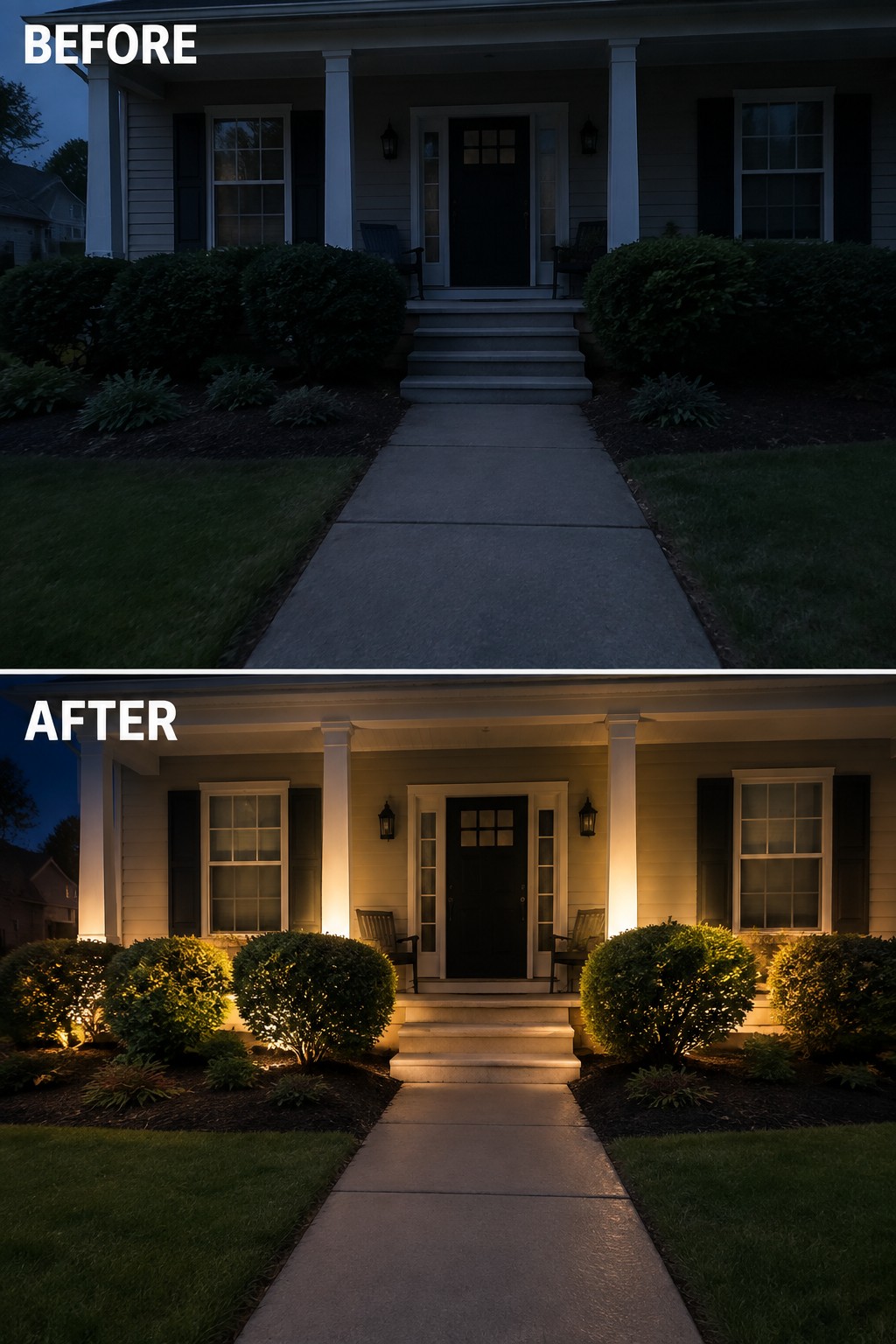 Before and after of house at night with new landscape and porch lighting