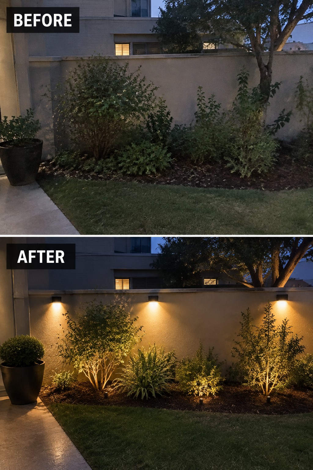 Before and after of garden bed with new plants and wall lights installed
