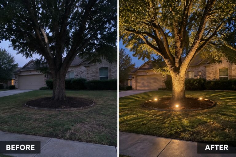 Before and after of backyard tree with added ground lighting at dusk.