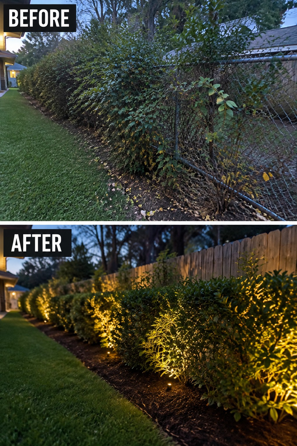 Before overgrown bushes by chain-link fence, after with lit hedges and wooden fence