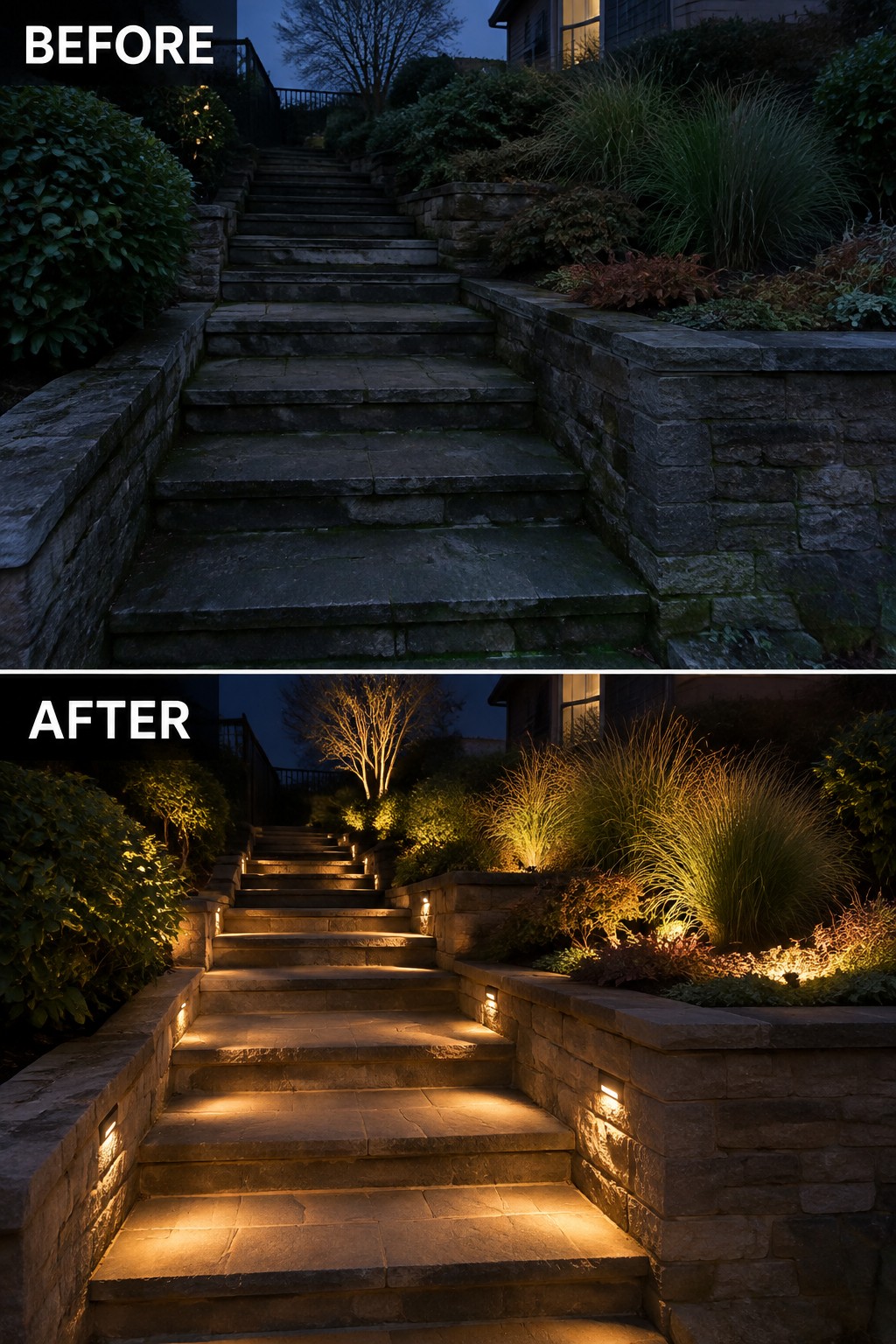 Before-and-after view of stone stairs with new warm step and landscape lighting at night